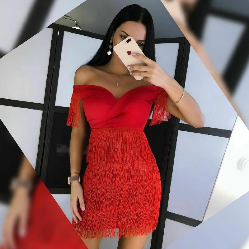 elegant evening dressRed Off Shoulder Tassel Mini Bandage Dress