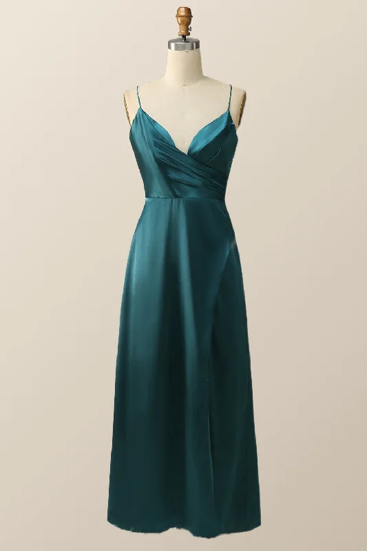 casual slip dressStraps Dark Green Satin Pleated Long Bridesmaid Dress