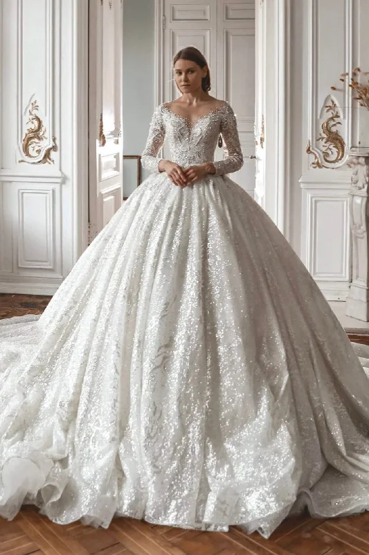 long-sleeve floral dressRoyal Lace Off-The-Shoulder Sparkly Wedding Dress Meryem