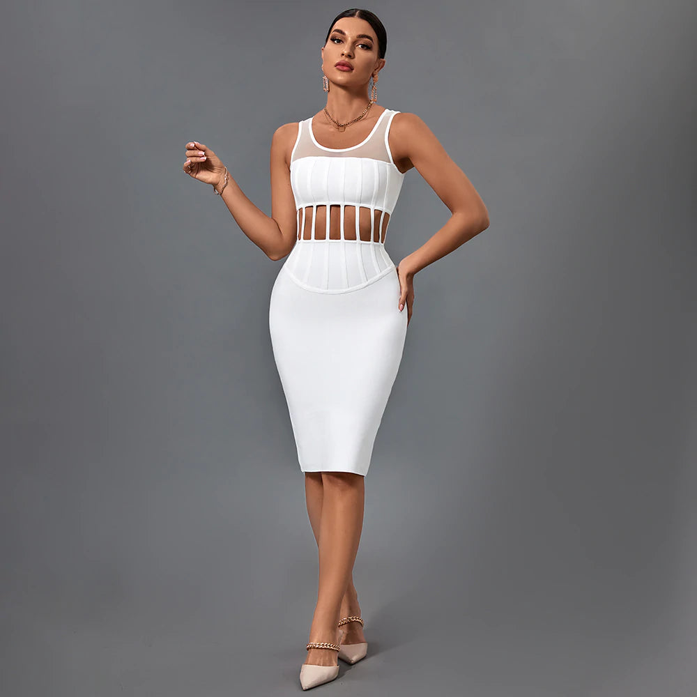 mini dressWhite Round Neck Sleeveless Cutout Midi Bandage Dress