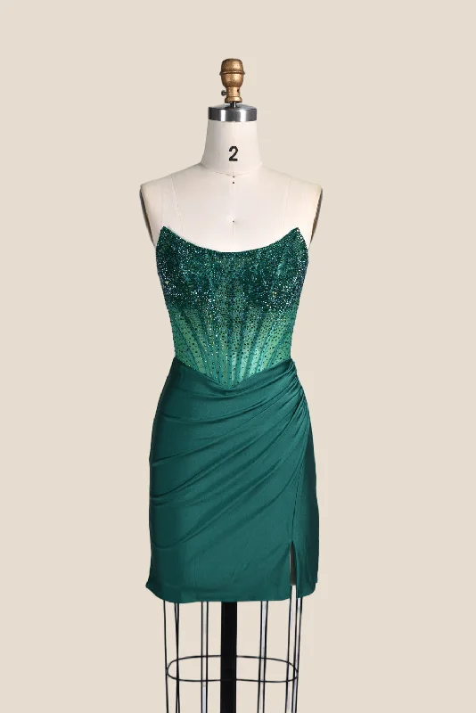 puff sleeve dressStrapless Emerald Green Beaded Tight Short Dress