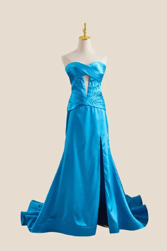 classic fit-and-flare dressStrapless Blue Twist A-line Satin Long Dress