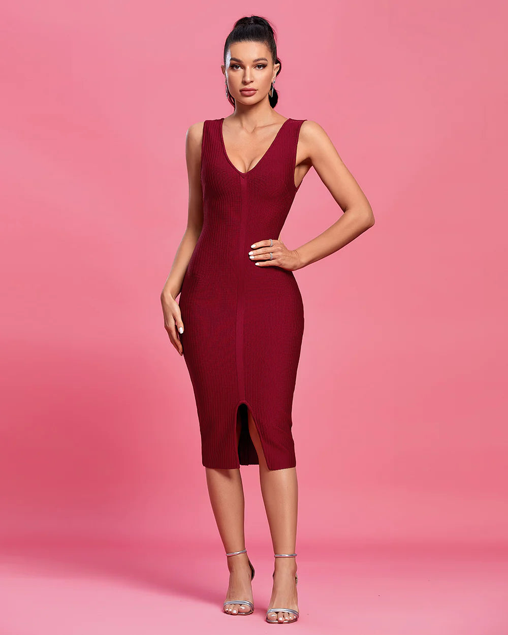 casual knit dressBurgundy V Neck Sleeveless Slit Midi Bandage Dress