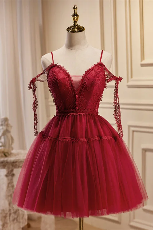 romantic dressStraps Red Lace and Tulle Short Party Dress