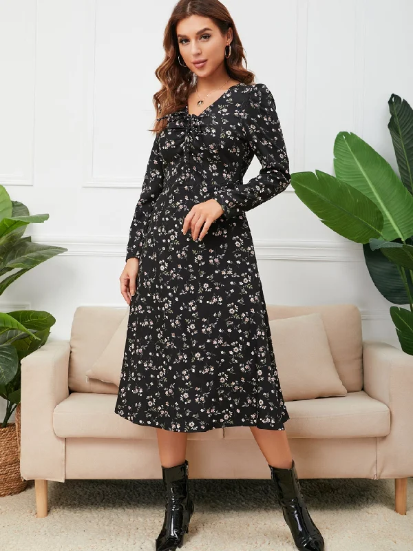 romantic dressKittenAlarm - Rib Knit Ruched Bust Floral Dress