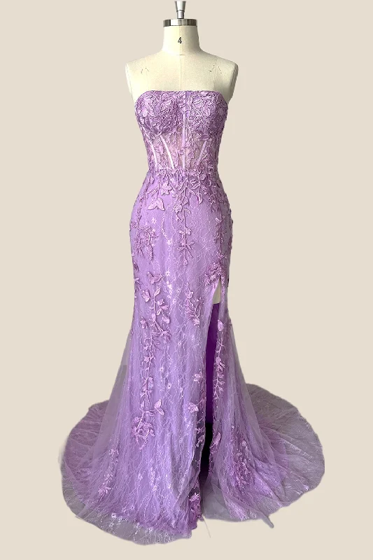 ashionable dressStrapless Lavender Lace Mermaid Long Party Dress