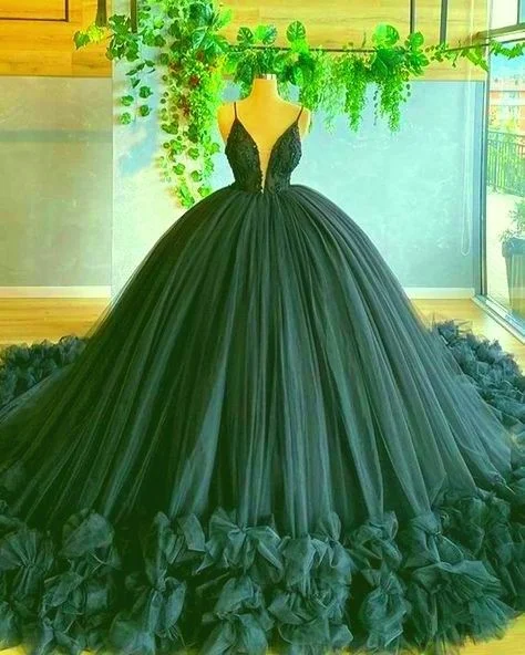 silk dressSpaghetti Straps Green Tulle Ball Gown A-line V Neck Sweet 16 Dress Y46