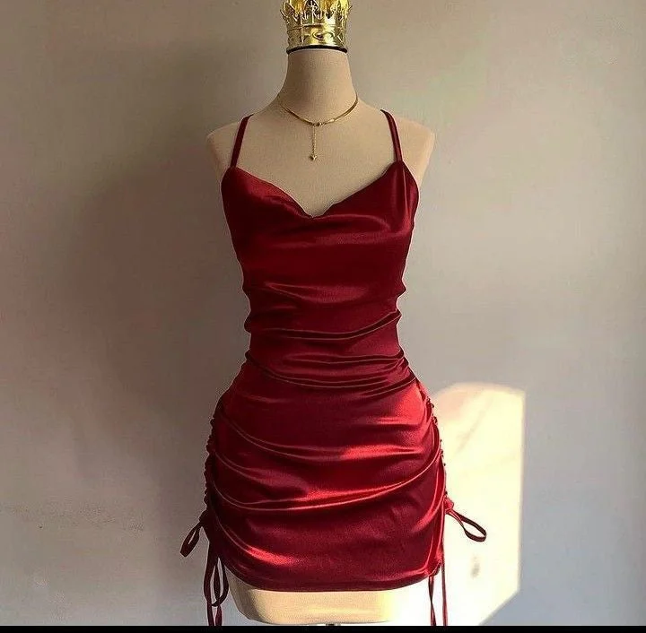 comfy maxi dressWine Red Straps Sheath Satin Short Party Dress Homecoming Dress, DP4097