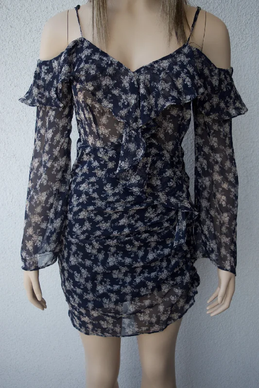 knit dressNavy Blue Long Sleeve Floral Ruffled Dress