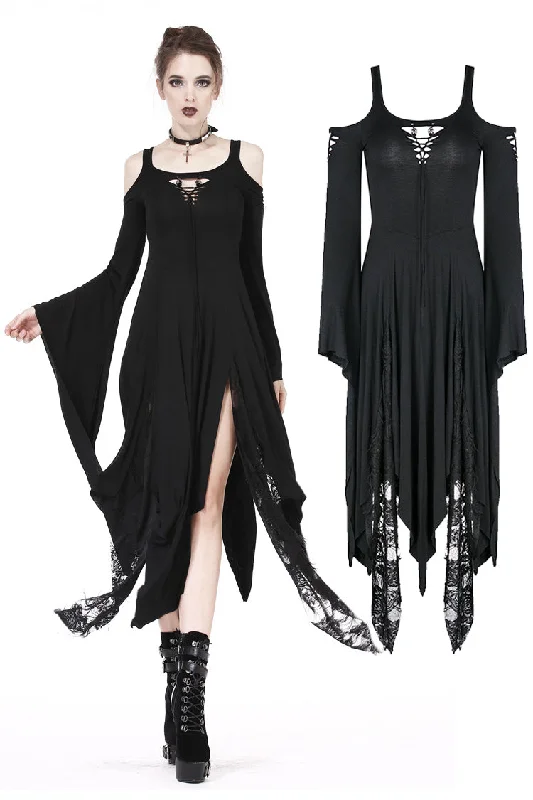 off-shoulder dressGothic knitted long dress with irregular hem and hooked rope designs DW185