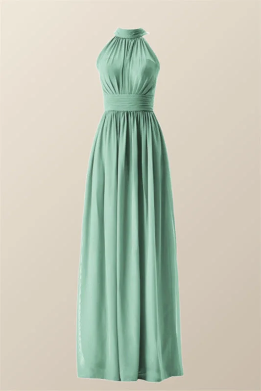 layered dressHigh Neck Mint Green Chiffon A-line Bridesmaid Dress