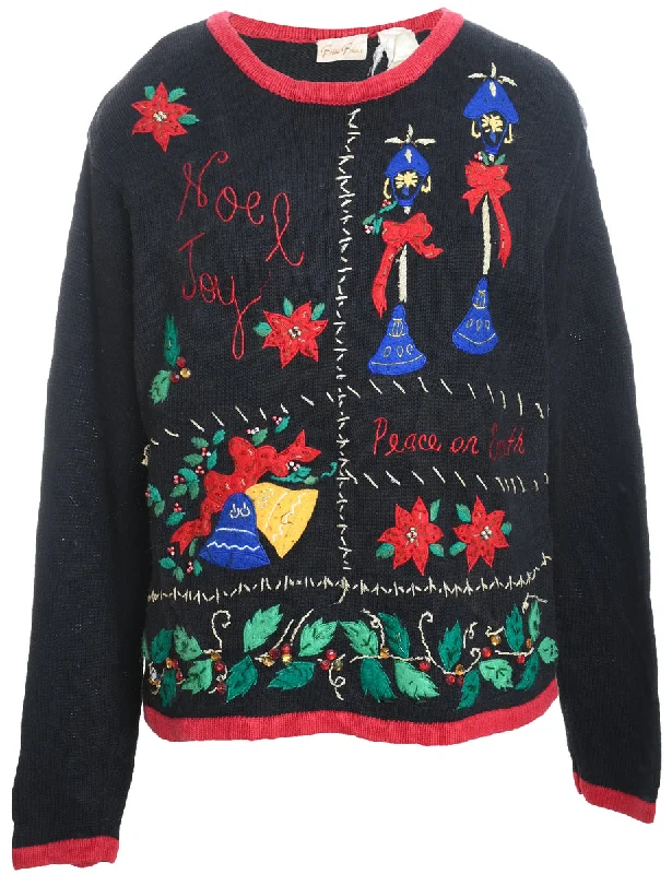 Value Deals warm jacketBlack Embroidered Floral Christmas Jumper - M