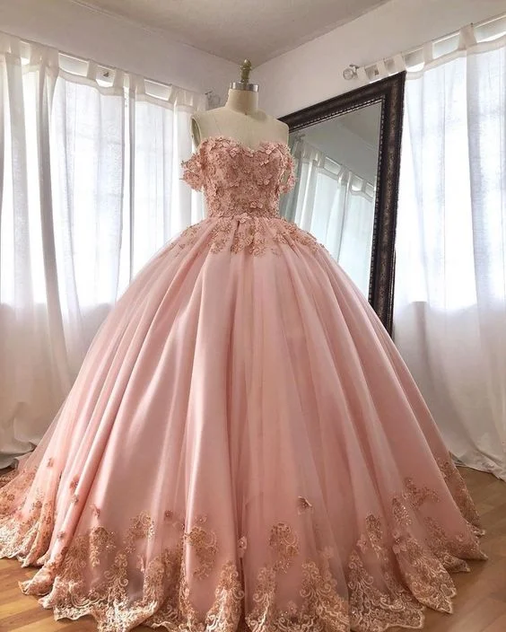 fitted cocktail dressPink Embroidered Lace Quinceanera Dresses Ball Gowns, Long Prom Dress S15407