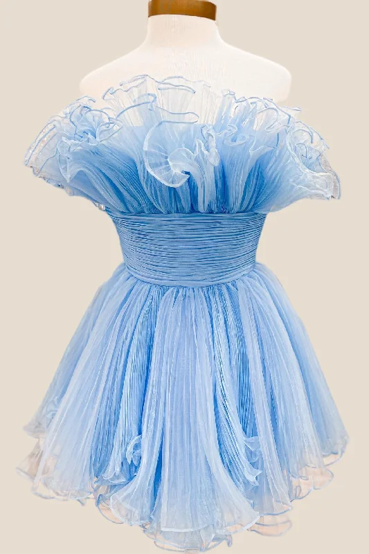 long sleeve dressBlue Fit and Flare Ruffles A-line Short Dress