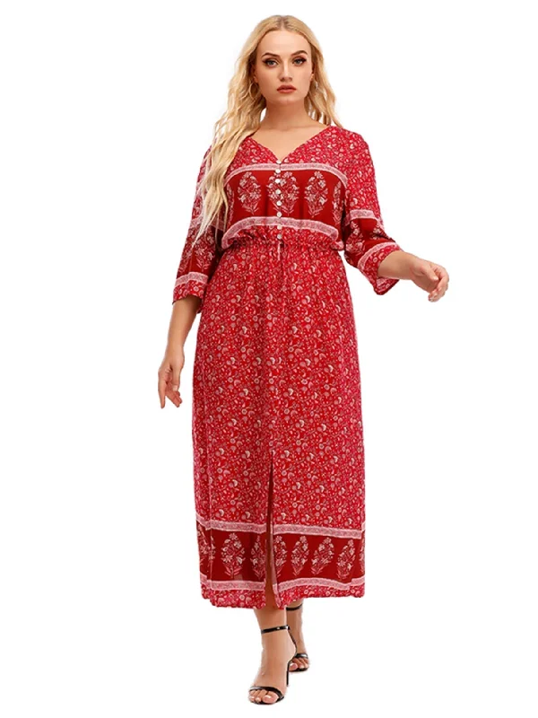 wrap-around dressKittenAlarm - Plus Size Boho Print Elastic Waist Split Dress