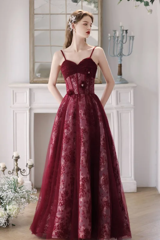 flowy evening dressStraps Burgundy Floral A-line Long Formal Dress