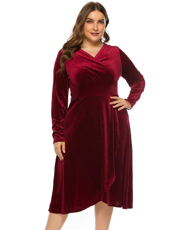 casual slip dressKittenAlarm - Plus Size High-low Velvet Long Sleeve Party Dress