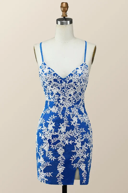 casual evening dressV Neck Royal Blue and White Lace Tight Mini Dress