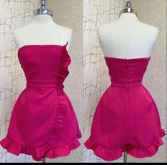 draped dressHot Pink Strapless Sheath Ruffles Homecoming Dress Mini Summer Dress, DP3553