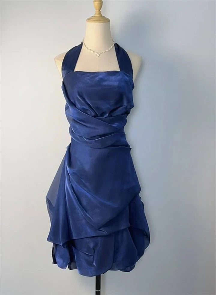 elegant evening dressBlue Halter Sheath Vintage Short Party Dress, DP4192