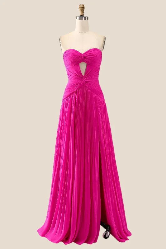 stylish dressStrapless Hot Pink Ruched Long Dress with Slit