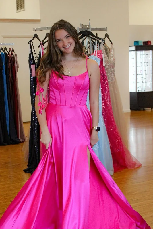 boho-chic dressTie Shoulders Hot Pink A-line Long Formal Dress