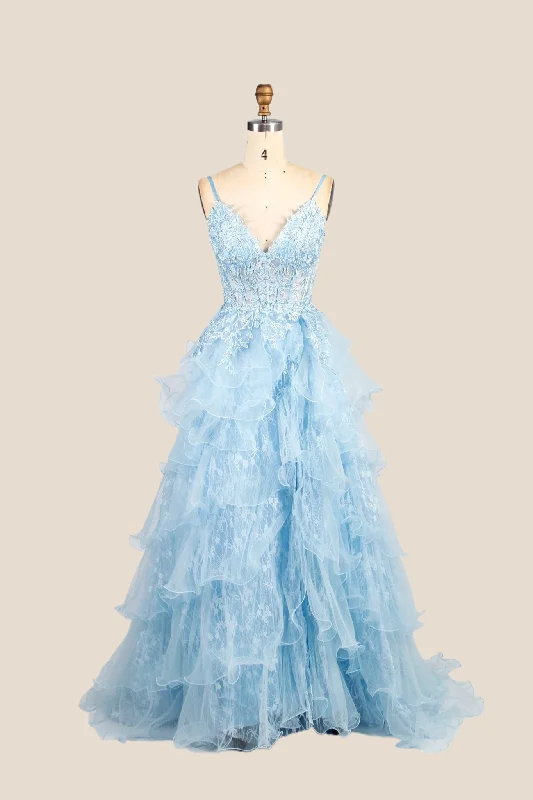 vintage-inspired dressLight Blue Straps Appliques Tiered Ruffles Princess Dress