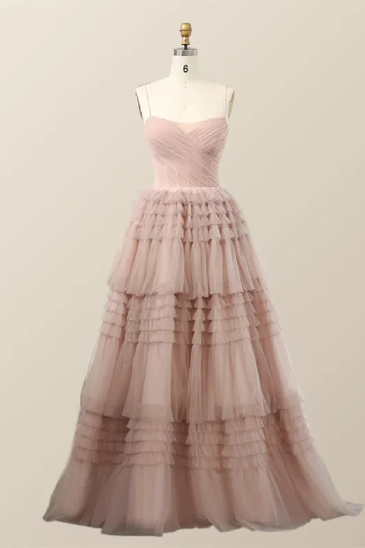 casual evening dressStraps Blush Tulle Tiered Long Formal Dress