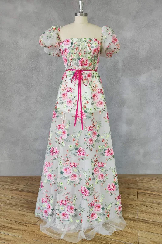 floral dressStrapless Floral Embroidery Long Dress with Short Sleeves