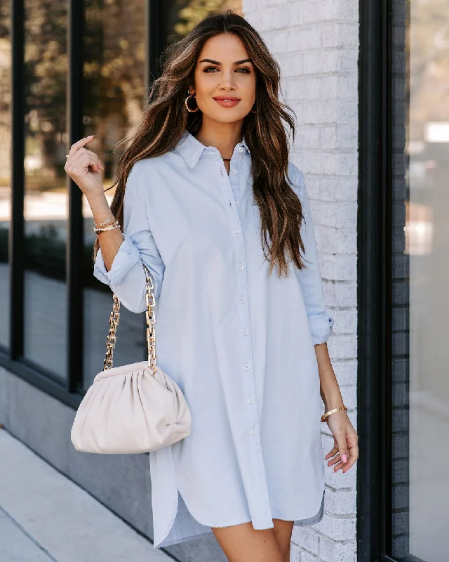 puff sleeve dressRisky Business Pocketed Button Down Shirt Dress - Sky Blue