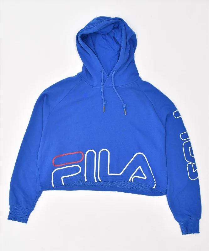 cozy pullover hoodieFILA Womens Crop Oversized Graphic Hoodie Jumper UK 14 Medium Blue Cotton