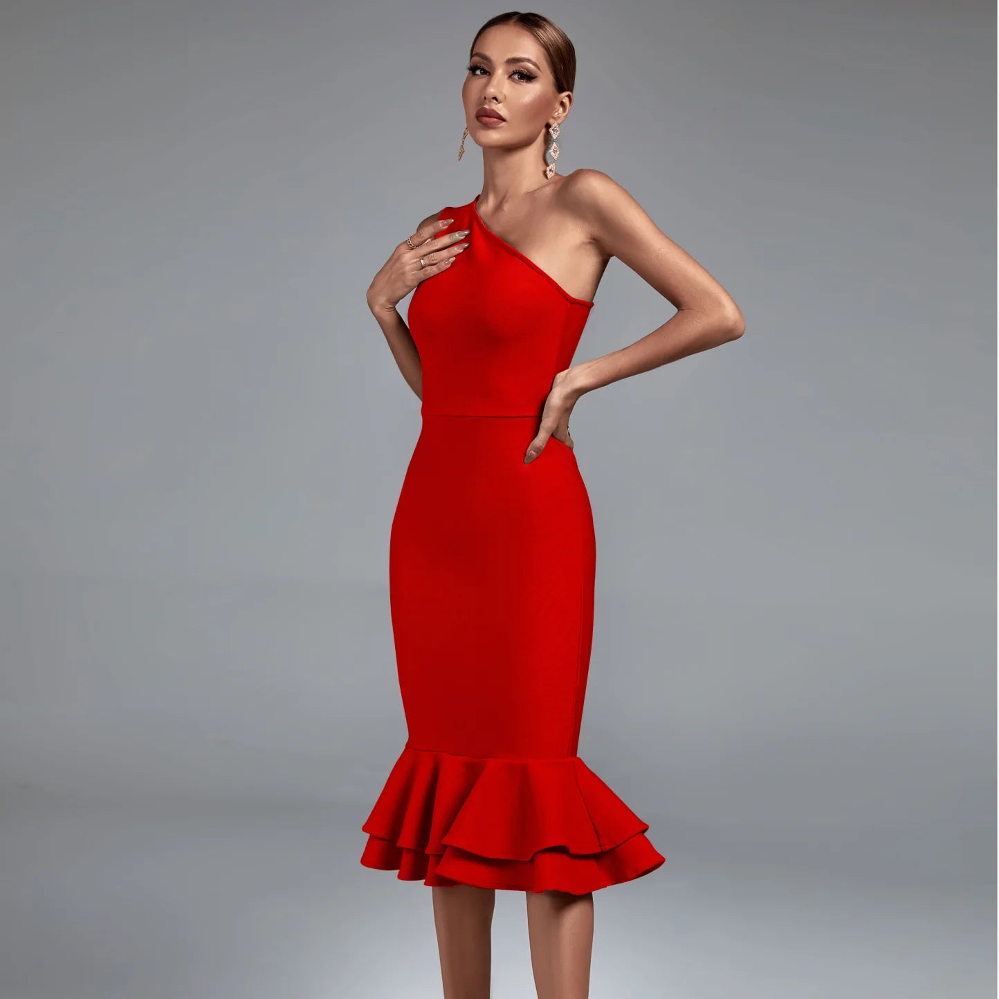 sleek dressRed One Shoulder Fishtail Midi Bandage Dress