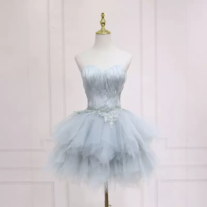 party-ready dressElegant Grey Feather Short Homecoming Dress  s05