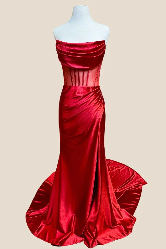 one-shoulder dressCowl Neck Red Ruched Long Dress with Slit