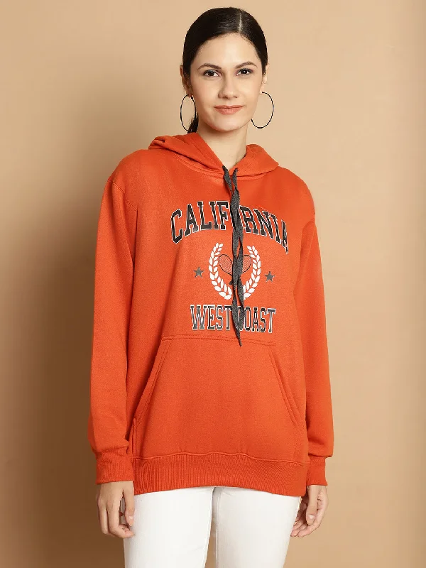 casual workout hoodieVimal Jonney Rust Printed Hooded Cotton Fleece Sweatshirt for Women