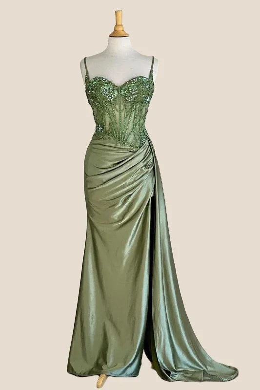 satin midi dressSweetheart Sage Green Appliques Mermaid Long Dress