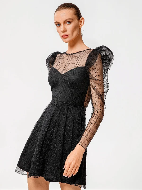 statement dressKittenAlarm - Women Fashion See Through sexy butterfly dot embroidery lace dress short skirt Gigot sleeve dress