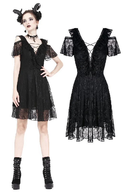 spaghetti strap dressGothic Black daily lace dress with off Shoulder DW178