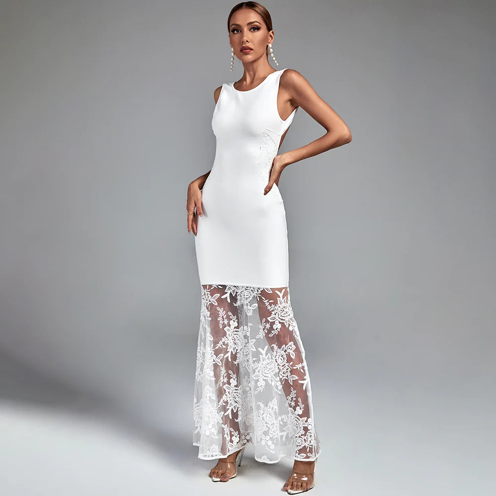 flowy maxi dressWhite Round Neck Sleeveless Maxi Lace Bandage Dress