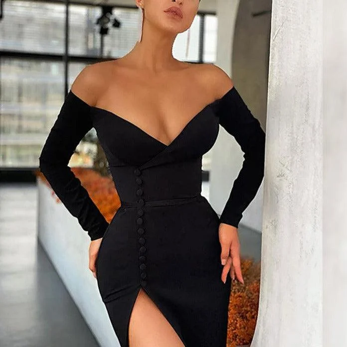 midi dressKittenAlarm - Arianna Off Shoulder High Slit Solid Dress