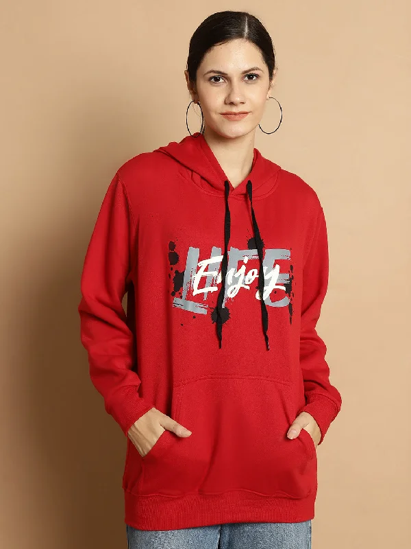 trendy fitness sweatshirtVimal Jonney Maroon Printed Hooded Cotton Fleece Sweatshirt for Women