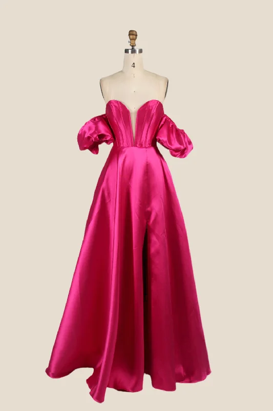 classic fit-and-flare dressFuchsia A-line Long Dress with Removable Sleeves