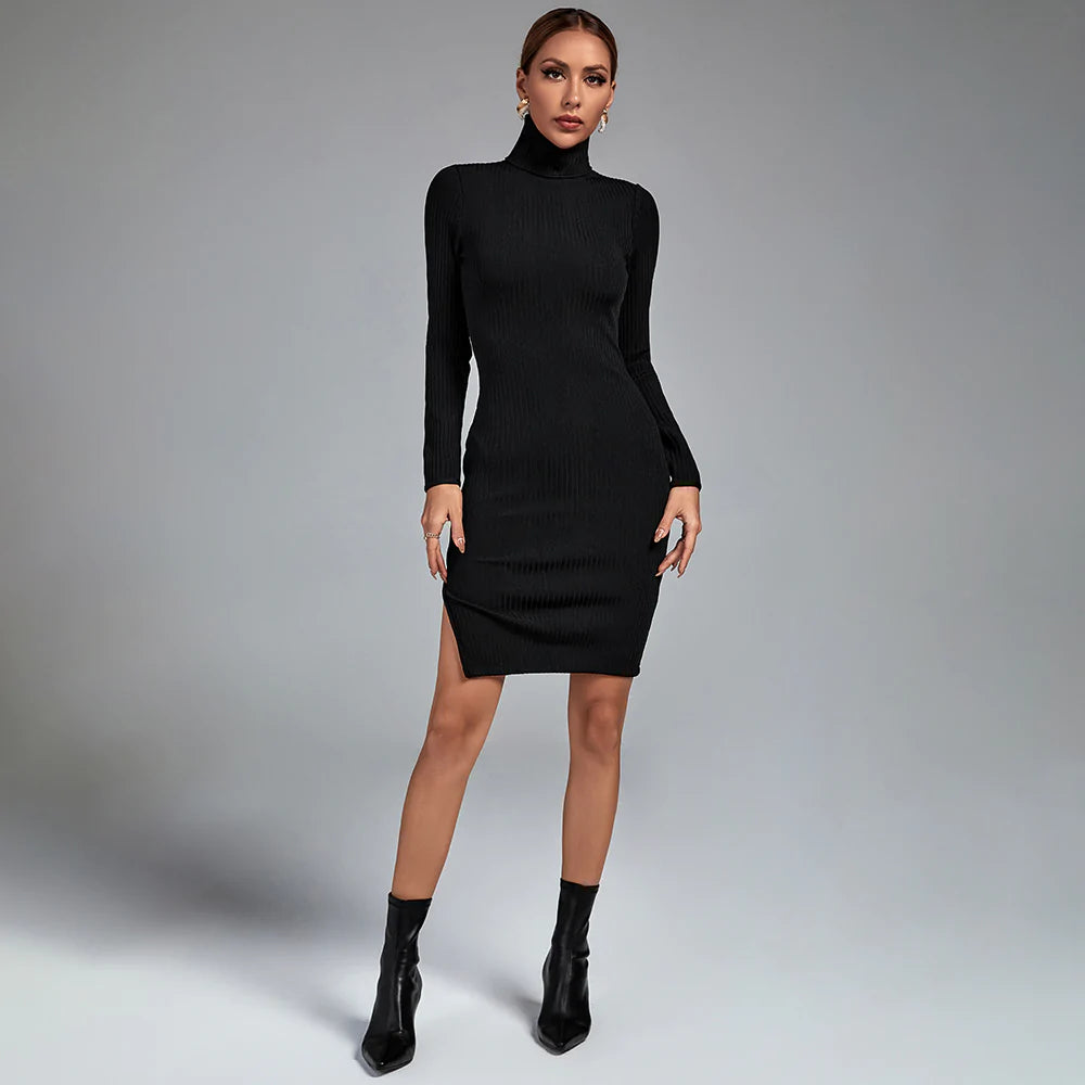 floral dressBlack High Neck Long Sleeve Bandage Dress