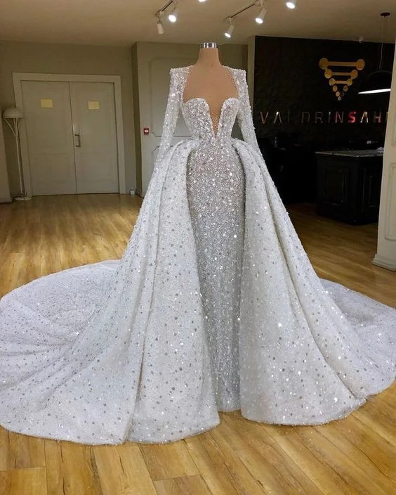 spaghetti strap dressSexy Sweetheart Plus Size Mermaid Wedding Dresses With Trains Beaded Sequin Long Sleeve Bridal Gowns New Arrival Prom Dress Y51