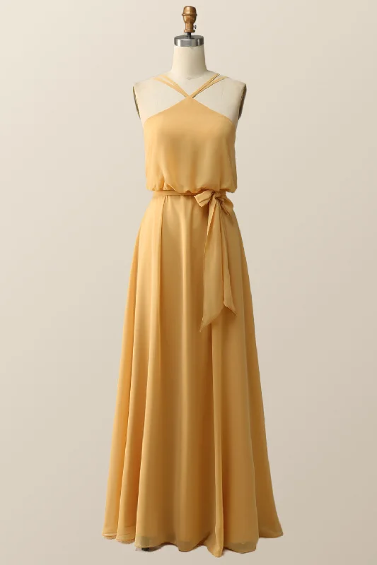 boho dressHalter Straps Yellow Chiffon Long Bridesmaid Dress