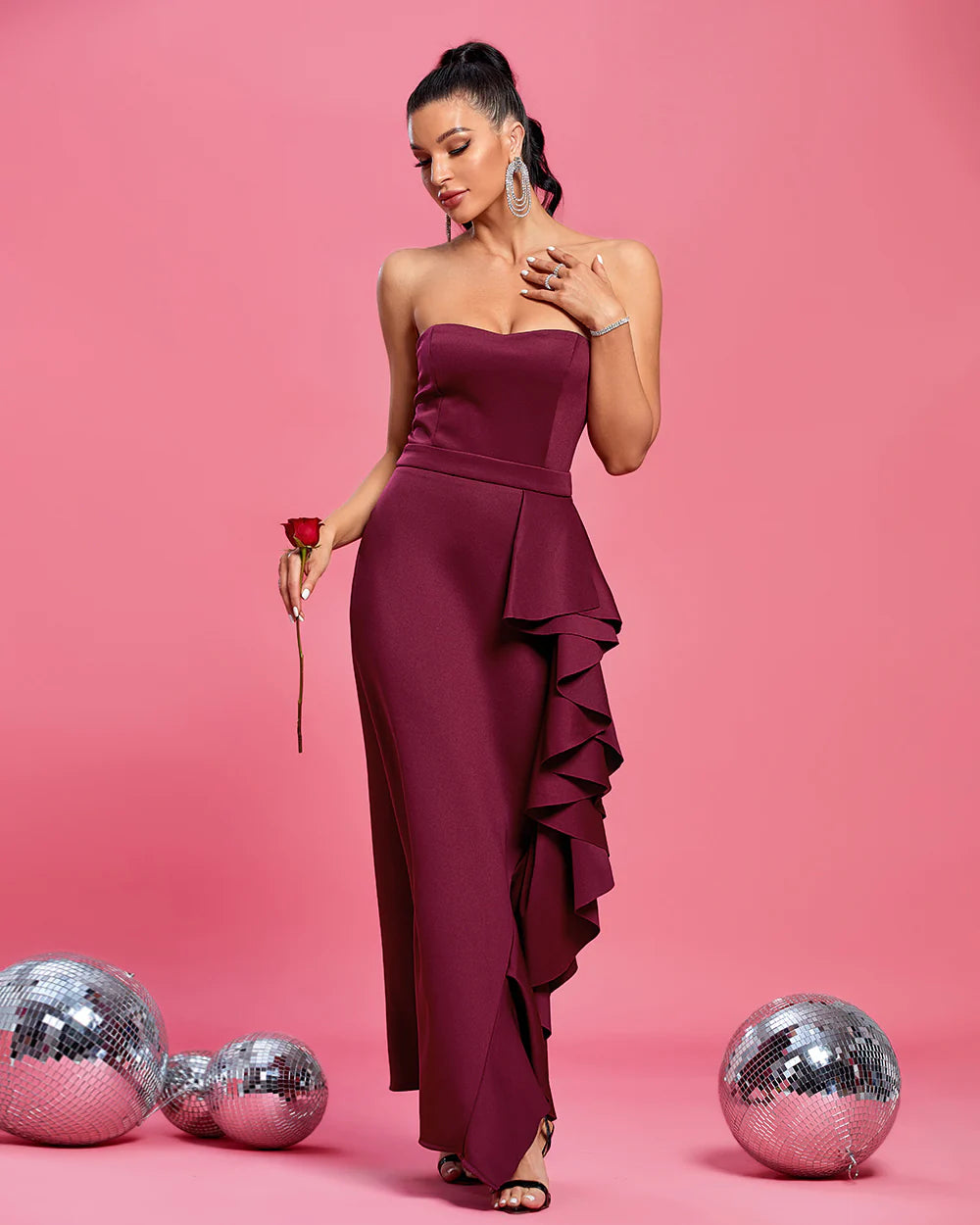 pleated maxi dressBurgundy Strapless Asymmetrical Frill Maxi Dress