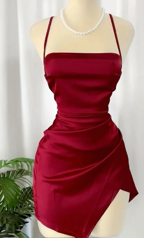 chic wrap dressWine Red Straps Sheath Satin Short Party Dress Homecoming Dress, DP4105