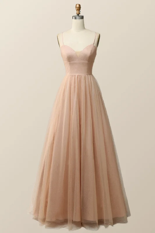 sleeveless dressStraps Champagne Tulle A-line Formal Dress