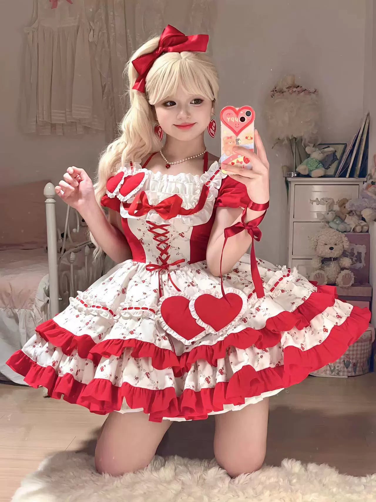 floral midi dressPlatycodon House~Sweet Diary~Sweet Lolita OP Dress Red White Floral Print