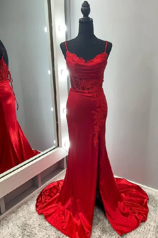 luxury dressScoop Red Lace and Satin A-line Long Formal Dress